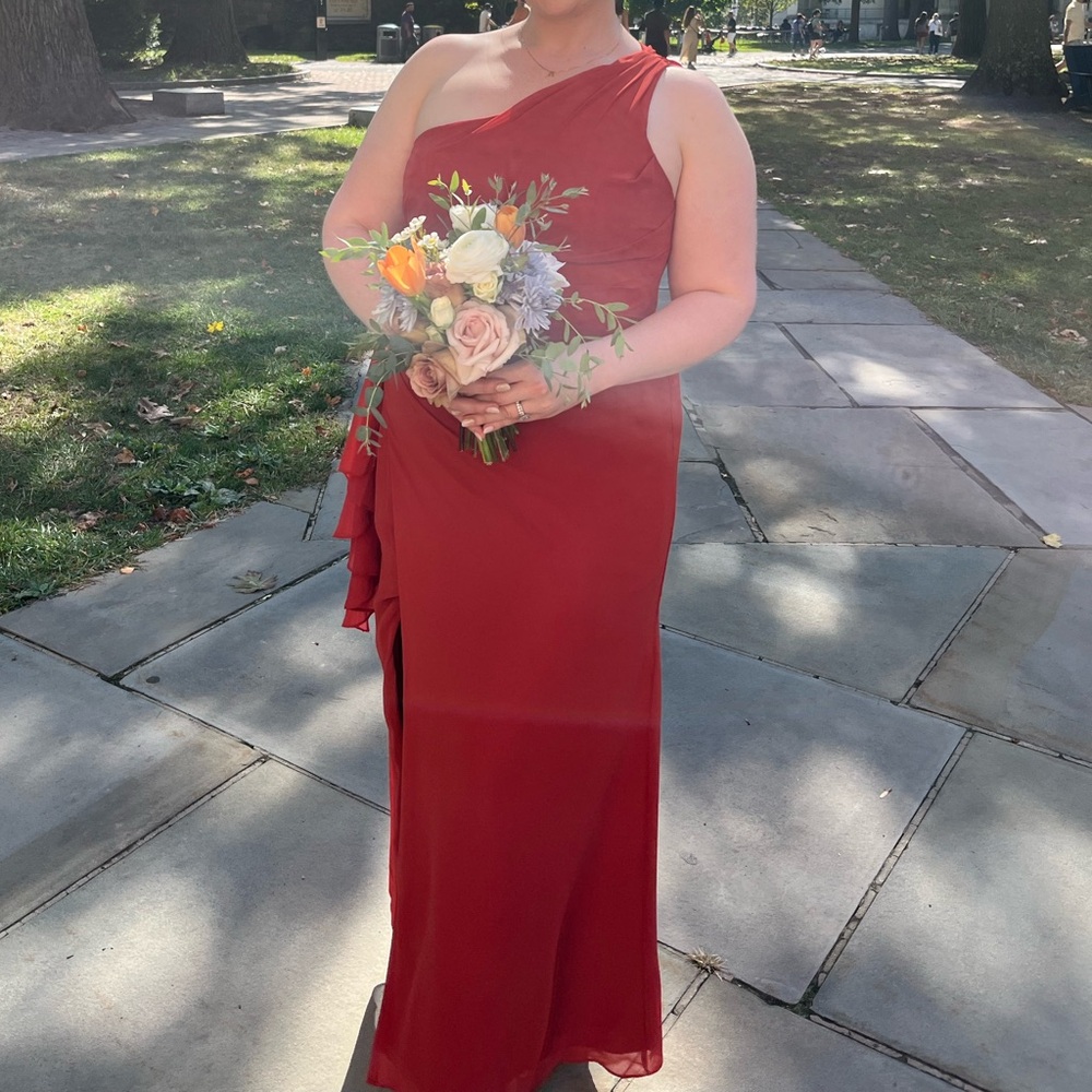 AZAZIE MAIVE Rust Sheath Pleated Ruffle Chiffon Dress (bridesmaid, MOH, wedding)